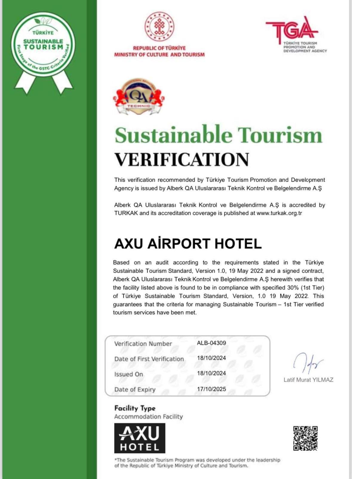 Axu Airport Hotel Arnavutkoy Exterior foto A certificate of the TURQA